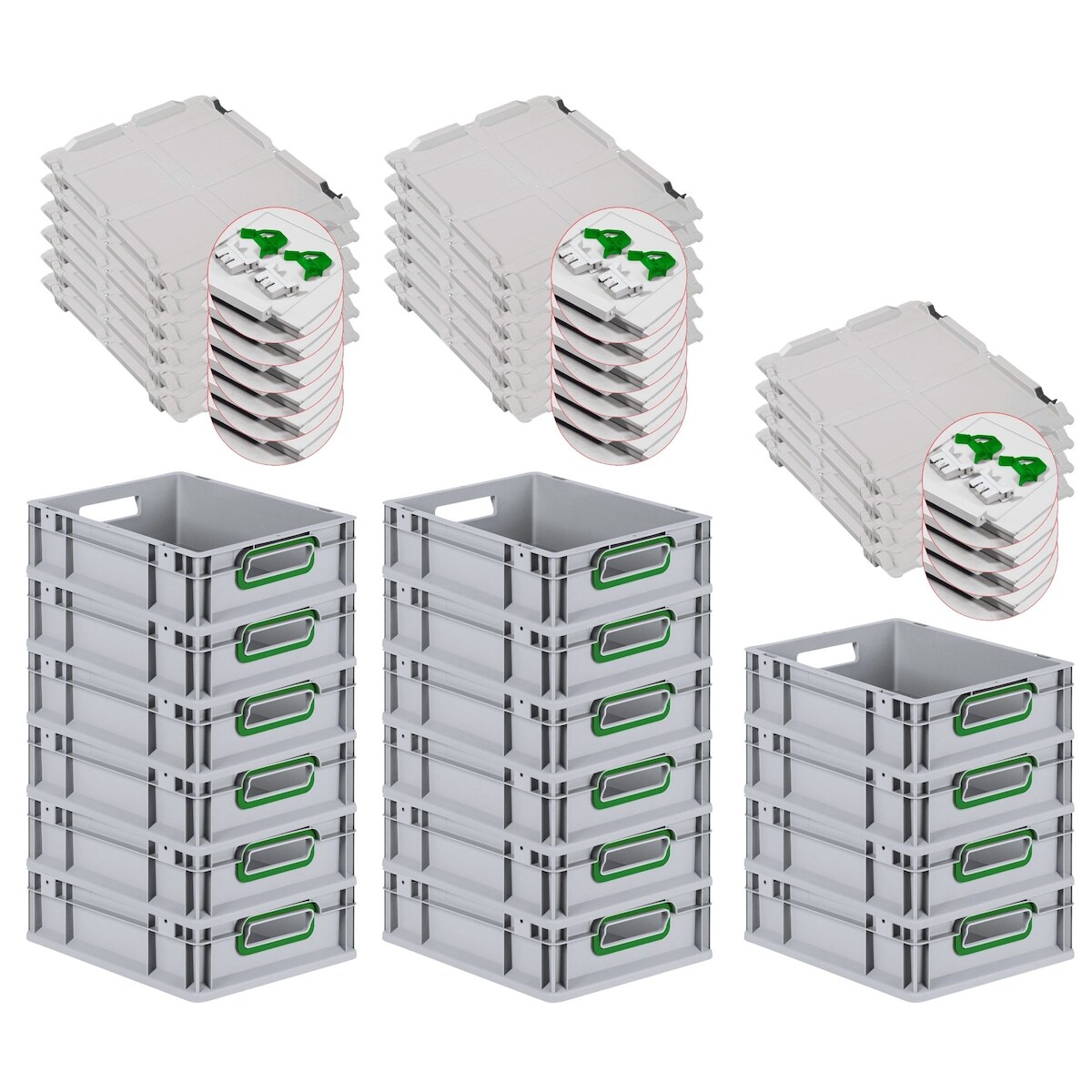 PROREGAL 16x Eurobox NextGen Color mit Scharnierdeckel & Verschlüssen | HxBxT 12x30x40cm | 11 Liter | Griffe grün offen | Glatter Boden Image