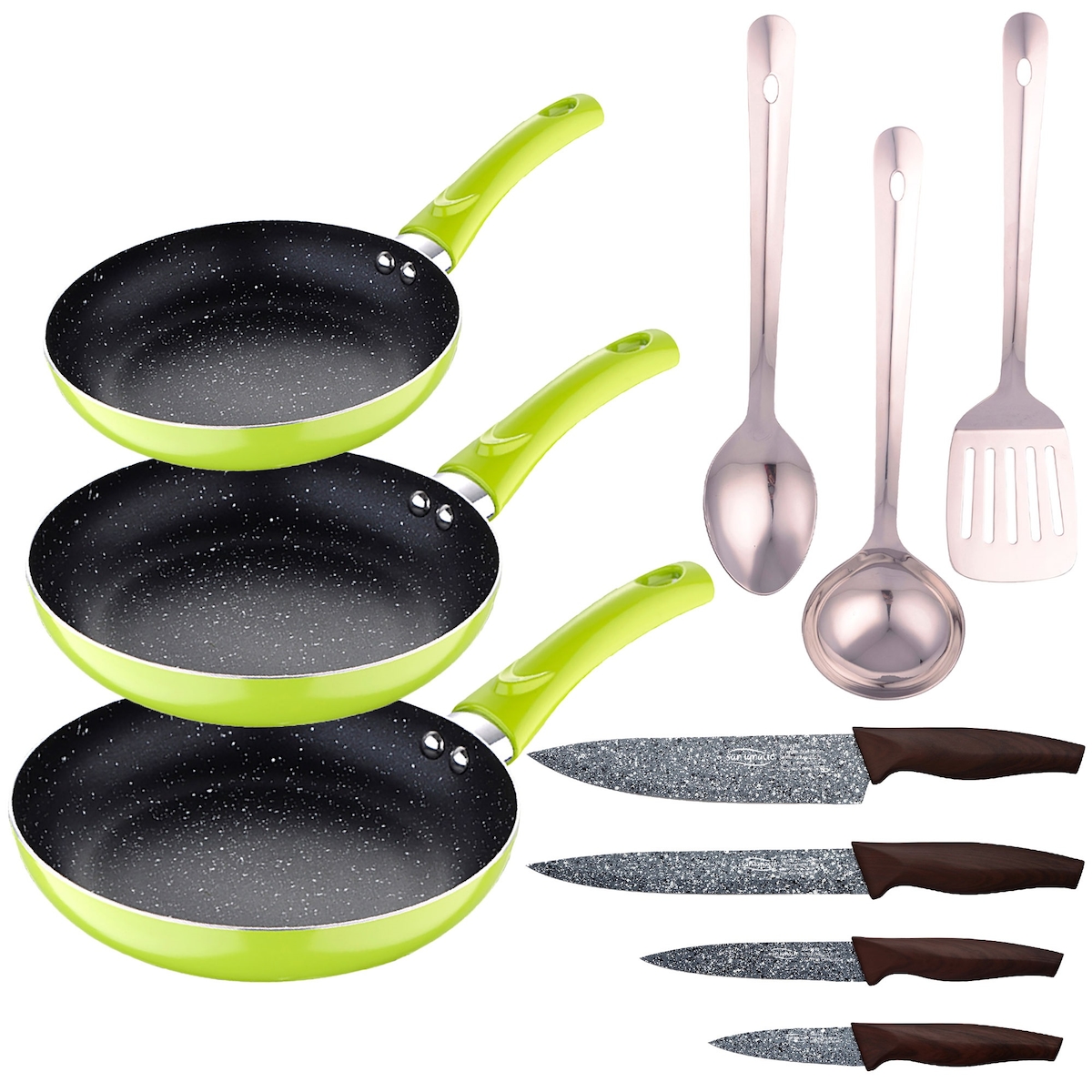 San Ignacio - 3-teiliges Bratpfannenset ø20/24/28cm aus gepresstem Aluminium mit 3-teiligem Küchenutensilienset und Messerset Image