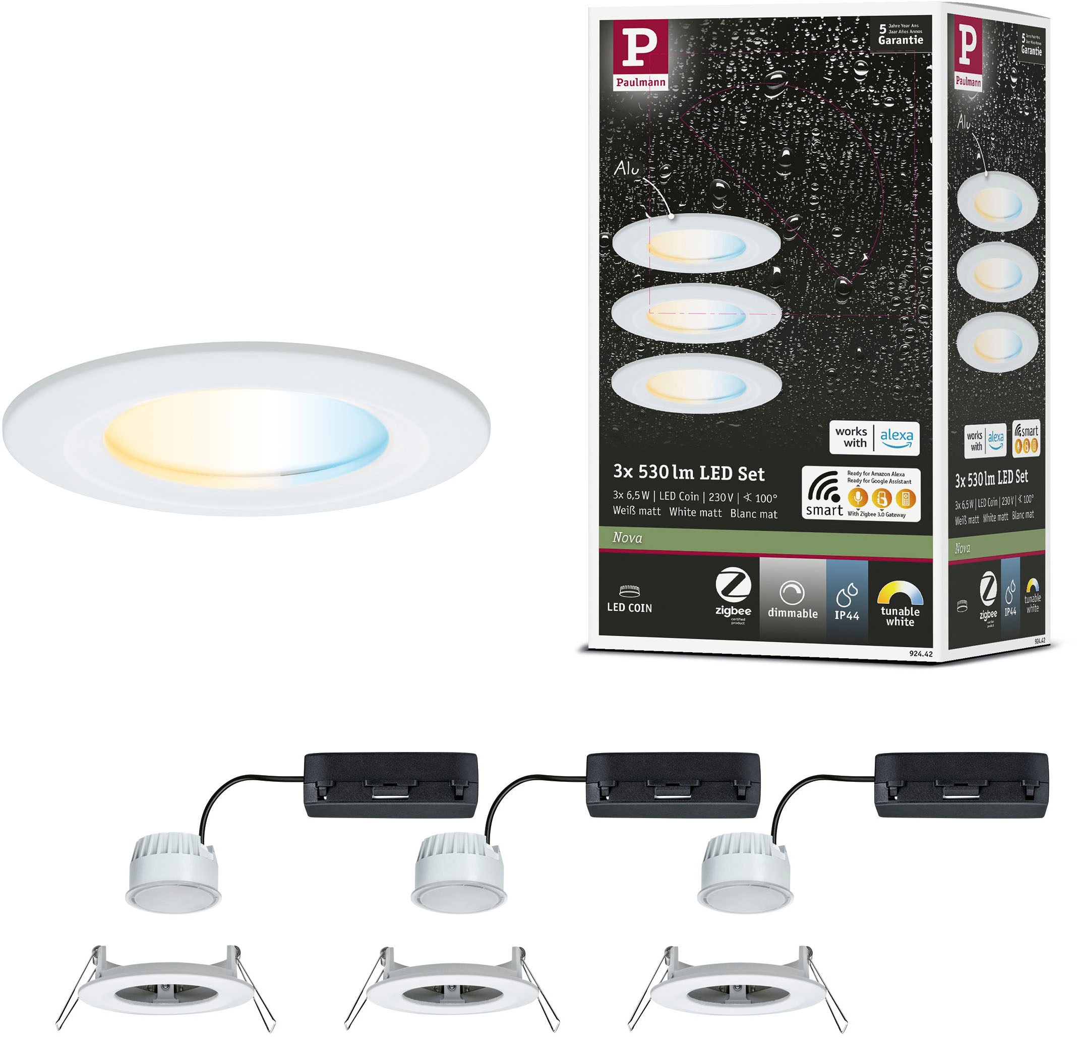 PAULMANN LED Einbauleuchte "LED Einbauleuchte Nova Coin IP44 rund 78mm", weiß, 3, Ø 7,8cm, 3 Stk., Leuchten, Memoryfunktion, Farbwechsler, Farbsteuerung, Dimmer, Smart Home Image