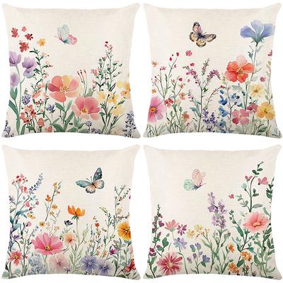4er-Set Kissenbezüge für den Außenbereich, Kissenbezüge mit bunten Blumen und Schmetterlingen, Image