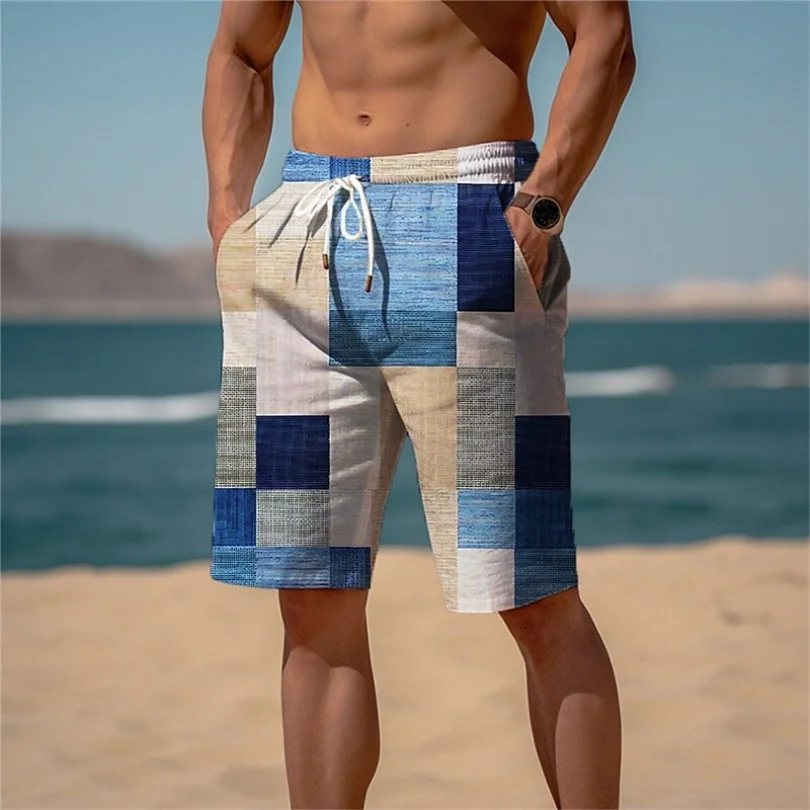 Neue Plaid Farbblock Herren Resort 3D Gedruckt Geometrie Board Shorts Badehose Elastische Kordelzug Hawaiian Stil Urlaub Strand Image