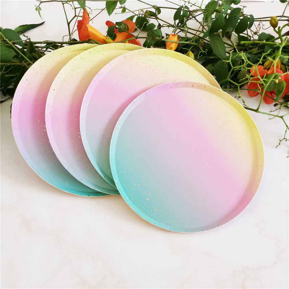 Assiettes rondes en papier arc-en-ciel, ensemble de vaisselle jetable, gobelets en papier, assiettes de pique-nique pour fête d'anniversaire, vente en gros, 8 pièces