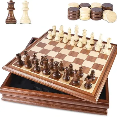Luxuriöse 38-cm-/15-Zoll-Holzkiste zum Schach und Dame aus Holz mit Stauraum für 2 zusätzliche Image