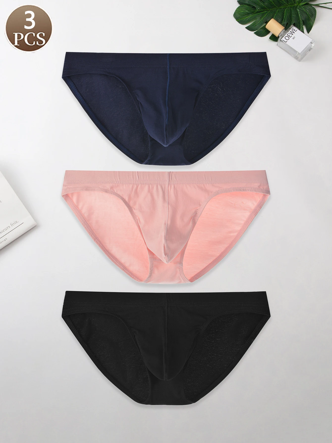 3 Stück einfarbig, lässig und bequem, einfach, Herren-Slip, niedrige Taille, atmungsaktiv, schweißabsorbierend, nahtlos, konvexer Taschengurt Image