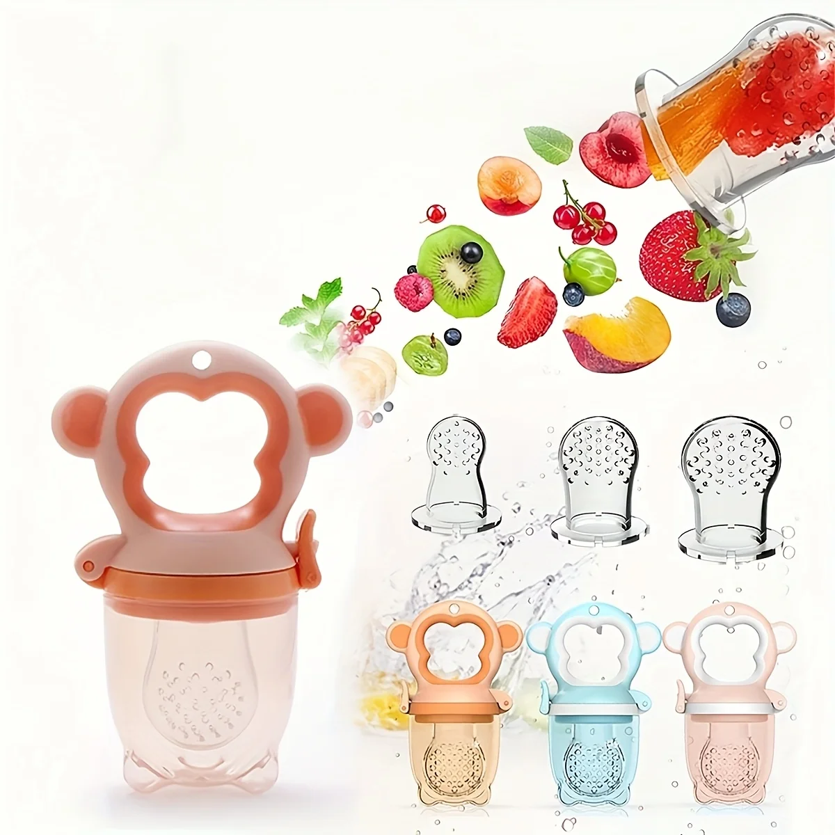 4 Stück/Set Affenförmiger Baby-Frucht-Futterspender mit leicht zu handhabendem Ring und 3 Stück Silikon-Netztaschen, Größe S, M, L Image