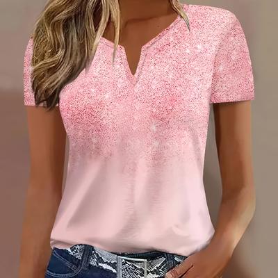 TEMU Women's Elegant V-neck Short Sleeve T-shirt - Polyester-spandex Blend, Geometric Print, Machine Washable, Casual & Formal Wear Image