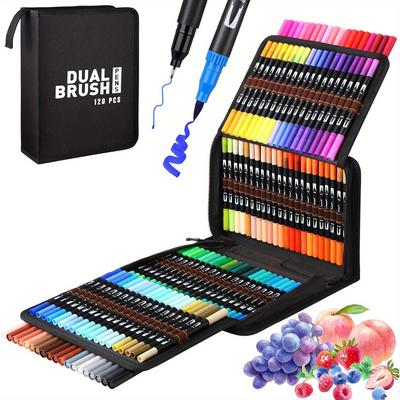 TEMU Felt Tip Pens Brush Pens Set, 120 Colors Dual Tip Colouring Pens Brush Pens Felt Tip Pens For Adults Colouring Image