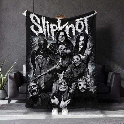 TEMU Slipknot Fan Blanket - Black & White Graphic Design, Cozy Polyester Throw For Home, Camping, Or Outdoor Use, All , Rock Band Enthusiast Gift Image