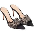 Women's Lace Stiletto Pointed Open Toe Slip On Heeled Sandals Sexy High Heel Mule Sandals Slip-on Porm Party Wedding Dress Shoes(Black,9)