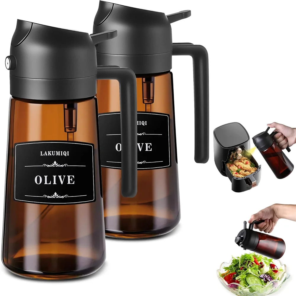 Dispenser e spruzzatore di olio in vetro 2 in 1 - Bottiglia spruzzatore di olio d'oliva a tenuta stagna da 16 once/470 ml per cucinare, friggitrice ad aria, barbecue, cuocere al forno, insalata