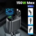 Caricabatteria per auto da 150 W PD30W Adattatore per accendisigari per auto Display di tensione con cavo retrattile Caricatore rapido 22,5 W per IOS Android