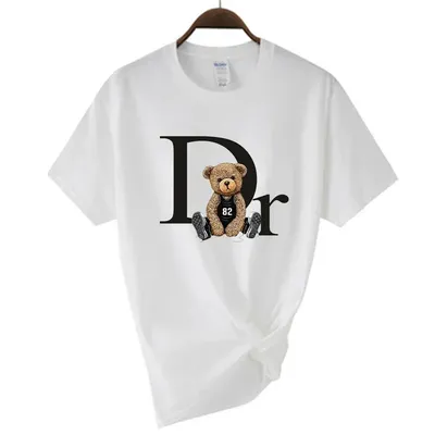Plus - Size Women's White Short - Sleeve T - shirt, “D” & Fitness Bear Print &“r”, Soft & Comfy