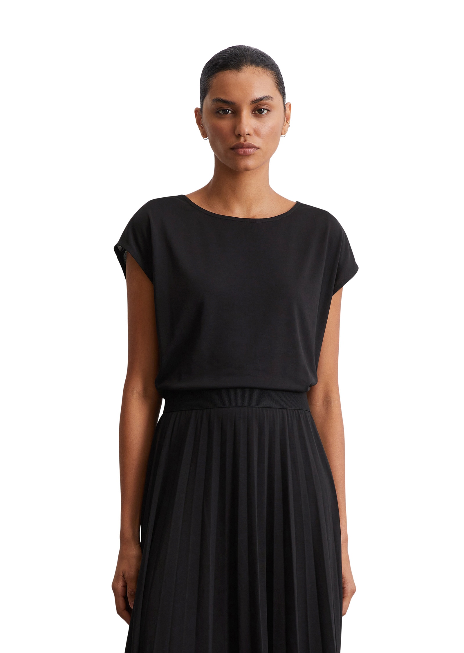 Jerseykleid MARC O'POLO "und plissiertem Rock", Damen, Gr. XXS, Normalgrößen, schwarz, Obermaterial: 72% Lyocell, 28% Polyester; Futter: 100% Nicht verfügbar, unifarben, Rundhals, Kleider Image