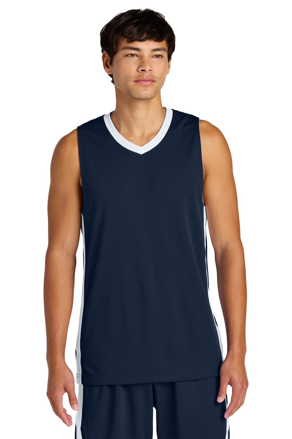 Sport-Tek ST900 Athletic Rival Basketball Rev Jersey T-Shirt in True Navy Blue/White size Medium | Polyester