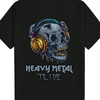 TEMU Men's Heavy Metal Skull Graphic T-shirt - Casual Black Polyester Tee With Headphones And Glowing Eyes Design, Machine Washable For Summer Image