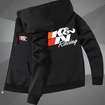 "TEMU Men' Black Hooded Jacket With "k&n Racing" Print - Casual, Skinny Fit, Zip-up With Pockets, Fall & Winter, Winter Jacket|stylish Hooded Jacket|zippered Jacket" Image