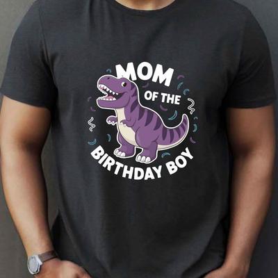 TEMU Men's Dinosaur Birthday Boy Print T-shirt, Casual Crew Neck Short Sleeve Tee, 100% Polyester Knit Fabric, Stretch, Summer Wear, Regular Fit - Geometric Pattern Image