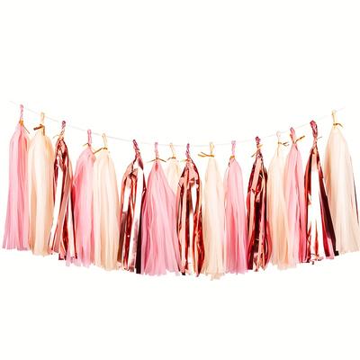 TEMU 18pcs Diy Rose Golden & Pink Paper Tassel Garland Banner Decorations - Elegant Wedding, Birthday, Bridal Shower Party Supplies, No Electricity Needed, Lightweight & Easy To Hang Image