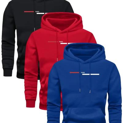 TEMU 3-pack Kourrter Men's Casual Polyester Hooded Sweatshirts With Paris Lettering, Geometric Pattern, Pocket, Stretch Knit Fabric, Regular Fit For Fall/winter Image