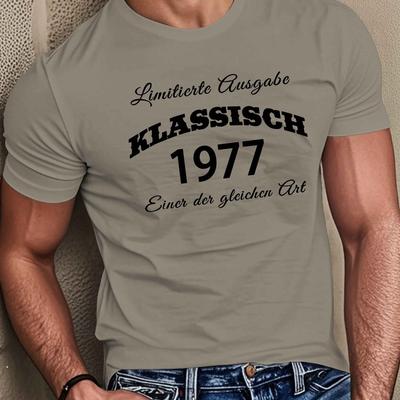 TEMU Men's Polyester Crew Neck T-shirt, , Regular Fit, With Geometric Pattern, Stretch Knit Fabric, For Summer, 1977 Anniversary Tee Image