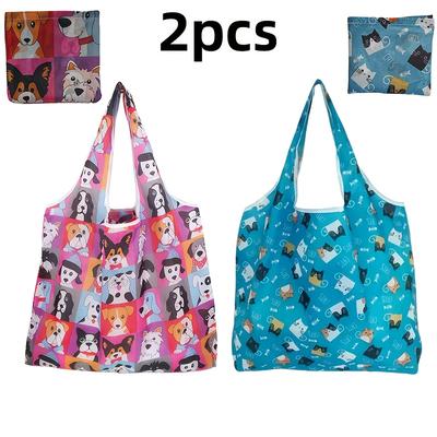 TEMU 2pcs Blue Cat With Cartoon Dog Pattern - Reusable Shopping Bag - Foldable And Washable, Large Capacity Shopping Bag With Handle, Lightweight Storage Suitable For Kitchen And Dining Room Image