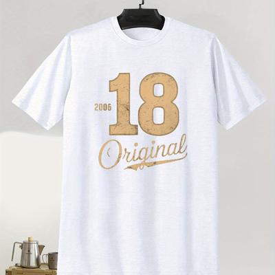 TEMU Men'-inspired Number 18 Print Tee - Polyester Knit Fabric, Casual Crew Neck, Short Sleeve T-shirt With Geometric Pattern, Regular Fit, Stretch, Summer Wear Image