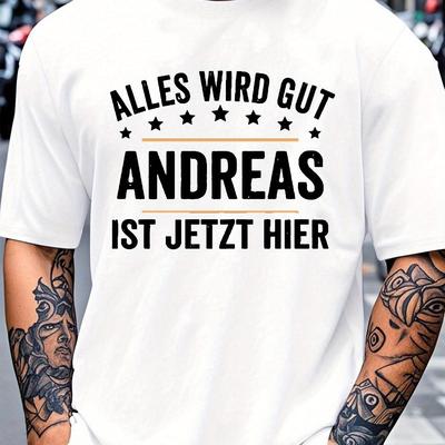 TEMU German Is Here Men's Casual T-shirt With Geometric Star & Text Print, White & Black Contrast, Short Sleeve Round Neck, Machine Washable, Fit, Summer Top, Relaxed Style, Comfortable Clothing Image
