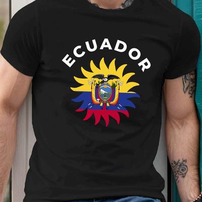 TEMU Men's Ecuador Print T-shirt, Casual Crew Neck Short Sleeve Tee, 100% Polyester Knit Fabric, Stretch, Regular Fit, Summer Geometric Pattern Top - 150gsm Image
