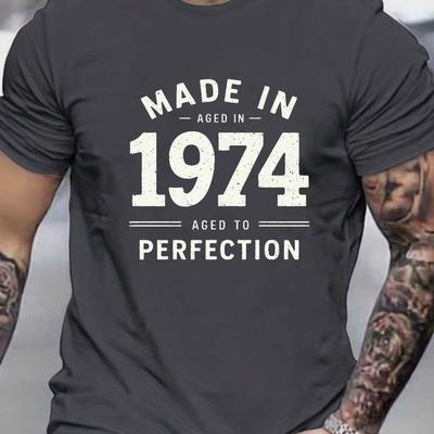 TEMU Vintage 1974 Graphic Men's T-shirt - Casual Polyester Short Sleeve Crewneck, Machine Washable, Summer Tee With Geometric Print, Dark Color Image
