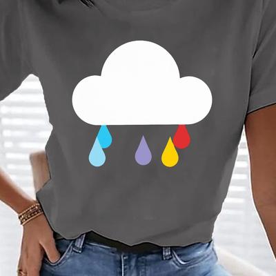 TEMU A Casual Short-sleeve Crew Neck T-shirt Featuring A Minimalist Cmyk Rain Clouds Design, Spring And Summer, Designed For Women. Image