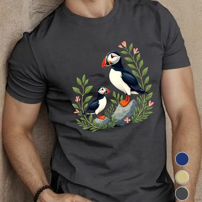 TEMU Men's Casual Duo Graphic Tee - Short Sleeve, Polyester, Round Neck, Summer T-shirt In Dark Gray Print, Machine Washable Image