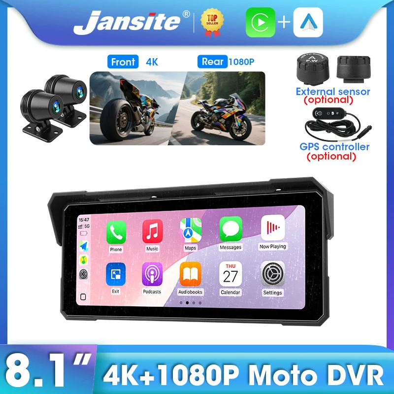 Jansite 8,1 "Motorrad Carplay GPS Navigator 4K + 1080P Dual Objektiv Drahtlose Carplay Android Auto Moto DVR Display Bildschirm Monitor Image
