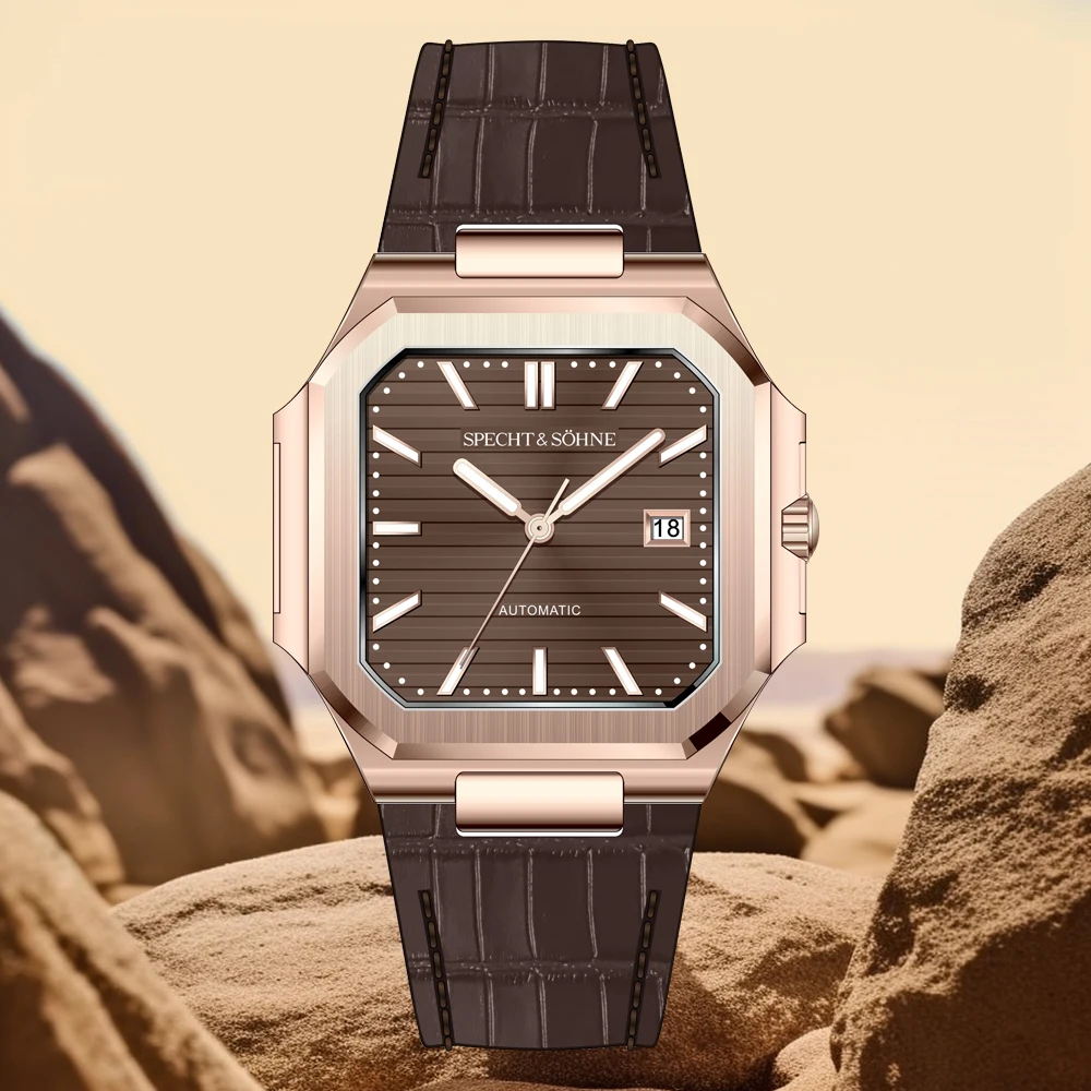 Specht & Söhne 2025 Neue Luxus-Herrenuhr 41 mm Roségold automatische mechanische Armbanduhr echtes Leder Sportuhren 5 Bar Image