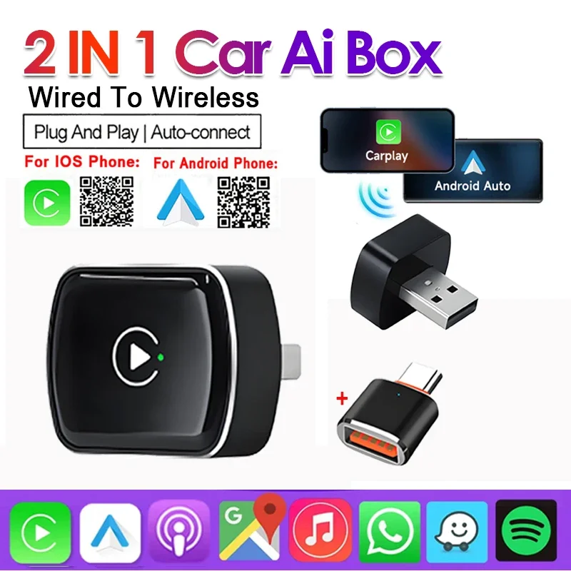 2 IN 1 verkabelt mit kabelloser CarPlay-Box und Android Auto-Auto-AI-Box, Stecker und Verwendung für Audi, Mercedes, Volvo, Volkswagen, OEM, Carplay AA Image