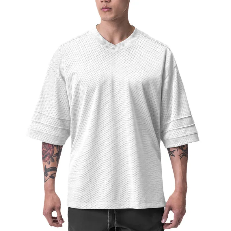 Plain Gym Sports Mens Bodybuilding Oversized Mesh Dropped Shoulders Fitness Workout Sports Half Sleeve T-shirt