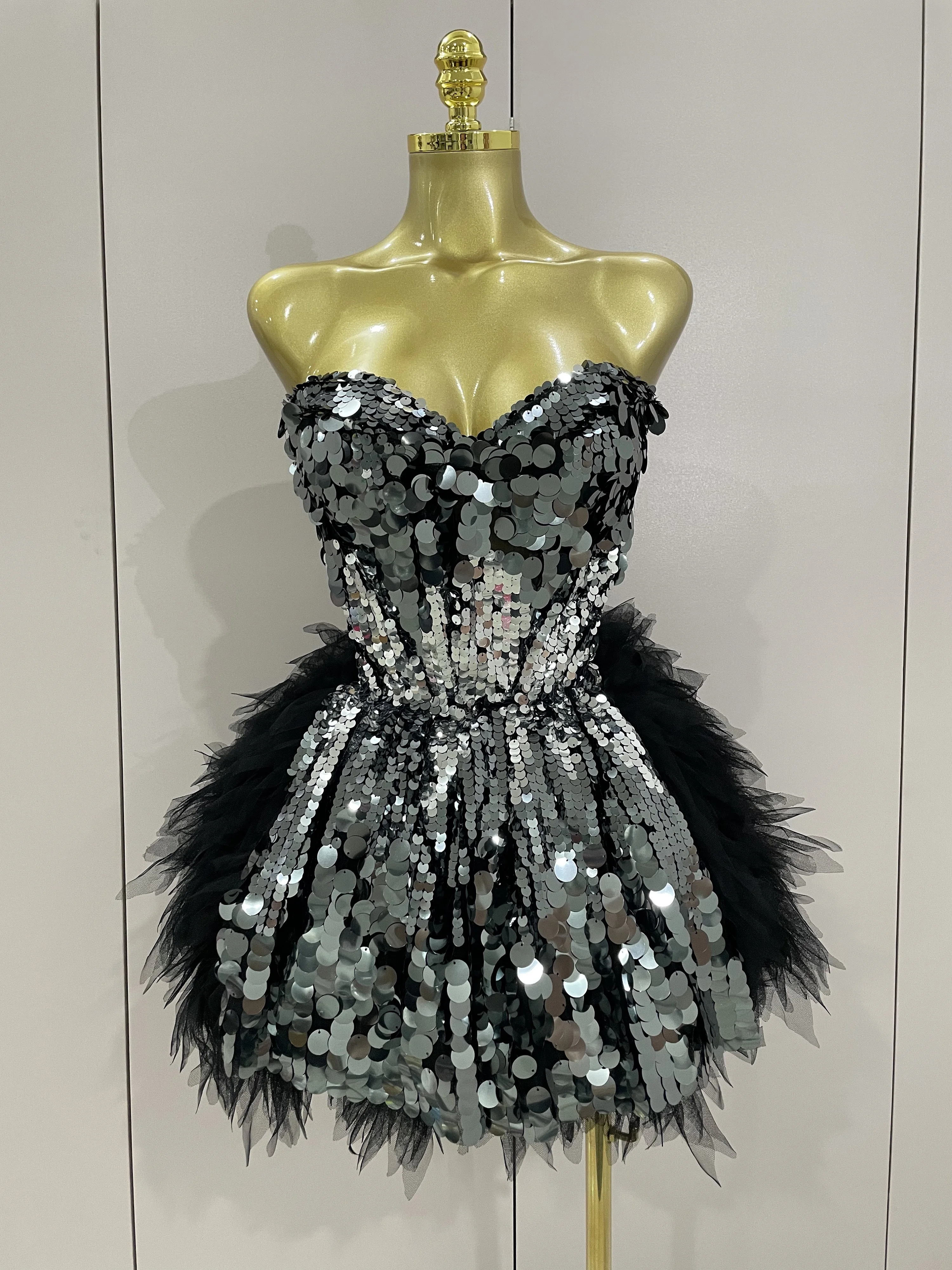 Funkelndes zweiteiliges Set mit schwarzen Pailletten, 2025, für Damen, Party, Abend, Abschlussball, Feiern, Geburtstag, Kleid, Nachtclub, Fotoshooting, Bühnenkostüm Image