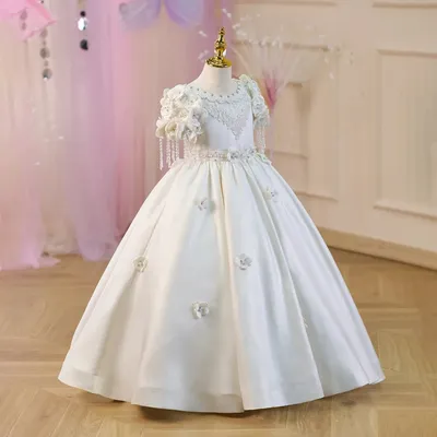 Weiße Blumenmädchenkleider für die Hochzeit, Blumenapplikationen, Perlen, bodenlang, für Mädchen, Image