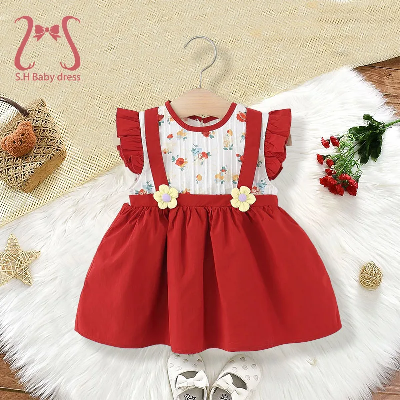 Neugeborene weiche dünne Sommerkleider Baby Mädchen tägliche Kleidung schöne Blumen Kinder rotes Kleid Kinderkostüm 1-3 Jahre süße Kleinkindkleidung Image