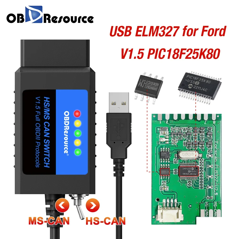ELM327 Forscan Für Ford V 1,5 Forscan PIC18F25K80 Chip OBD2 Scanner Code Reader Programmierung Mit HS/MS Schalter USB Adapter CH340 Image
