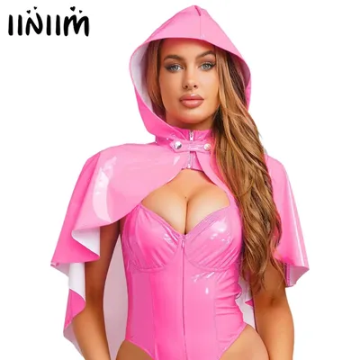 Damen Wet Look Kapuzenumhang vorne drücken Knopfverschluss Cape Bolero Steampunk Gothic Umhang Cosplay Party Disco Club Kostüm Image