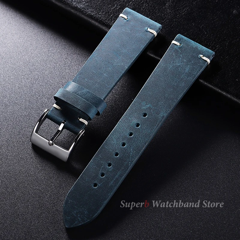 18mm 20mm 21mm 22mm Vintage Öl Wachs Leder Uhrenarmband für Seiko Handgefertigte Nähte Rindslederarmband für Omega Smartwatch Armband Image