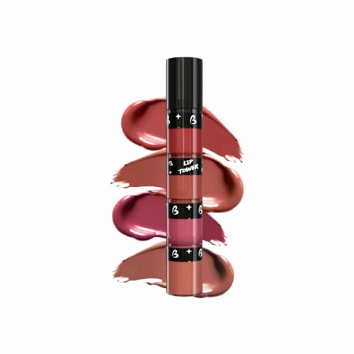Lip Tower 4-in-1 Stackable Liquid Lipstick Set – 6ml | Soft Matte Nude Lipstick Combo | Infused with Cocoa Butter & Rosehip Oil | Mousse Texture, Intense Color Payoff, Hydrating & Lightweight
