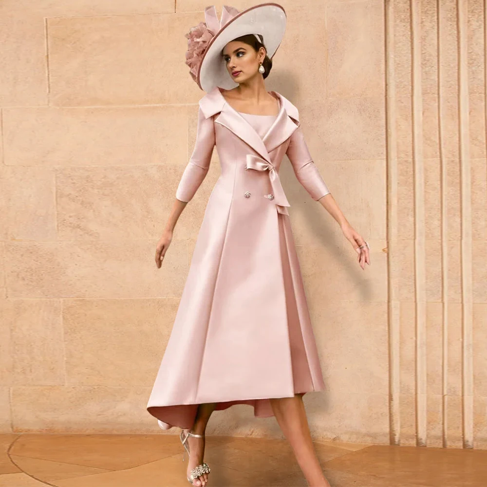 Customized Pink Groom's Mother Dresses Satin A-line Cocktail Dress Square Neck Buttons Cap Sleeve Hi-Lo Bespoke Occasion Gown