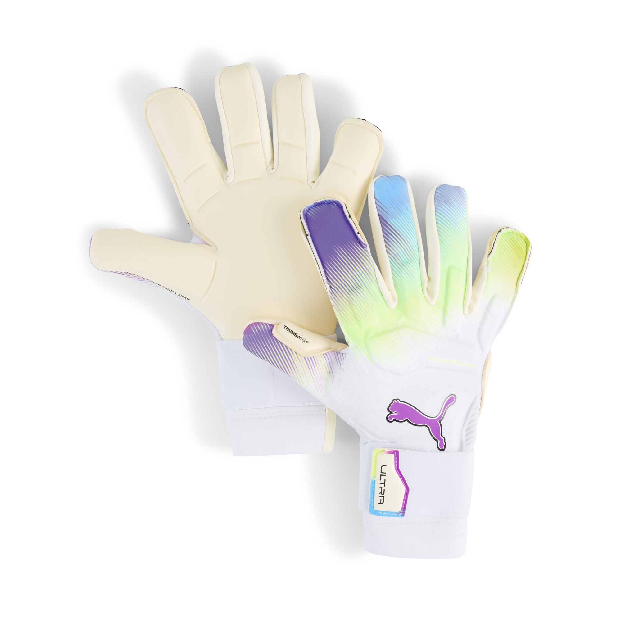 Torwarthandschuhe PUMA "PUMA ULTRA Ultimate BRILLIANCE Hybrid Torwarthandschuhe Unisex", Damen, Gr. 8, gelb (weiß pure magenta fizzy apple lila gelb), 76% Latex, 23% PES, 1% PU, Handschuhe