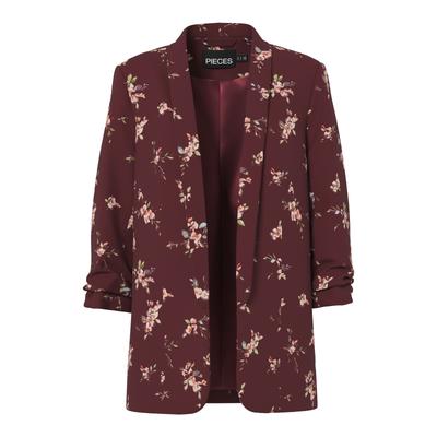 Blusenblazer PIECES "PCBOSELLA 3/4 PRINTED BLAZER NOOS", Damen, Gr. L (40), tawny port aop:flower, Web, Obermaterial: 98% Polyester, 2% Elasthan, bedruckt, modisch, figurumspielend hüftbedeckend, 3/4-Ärmel, Blazer, mit 3/4 Ärmel Image