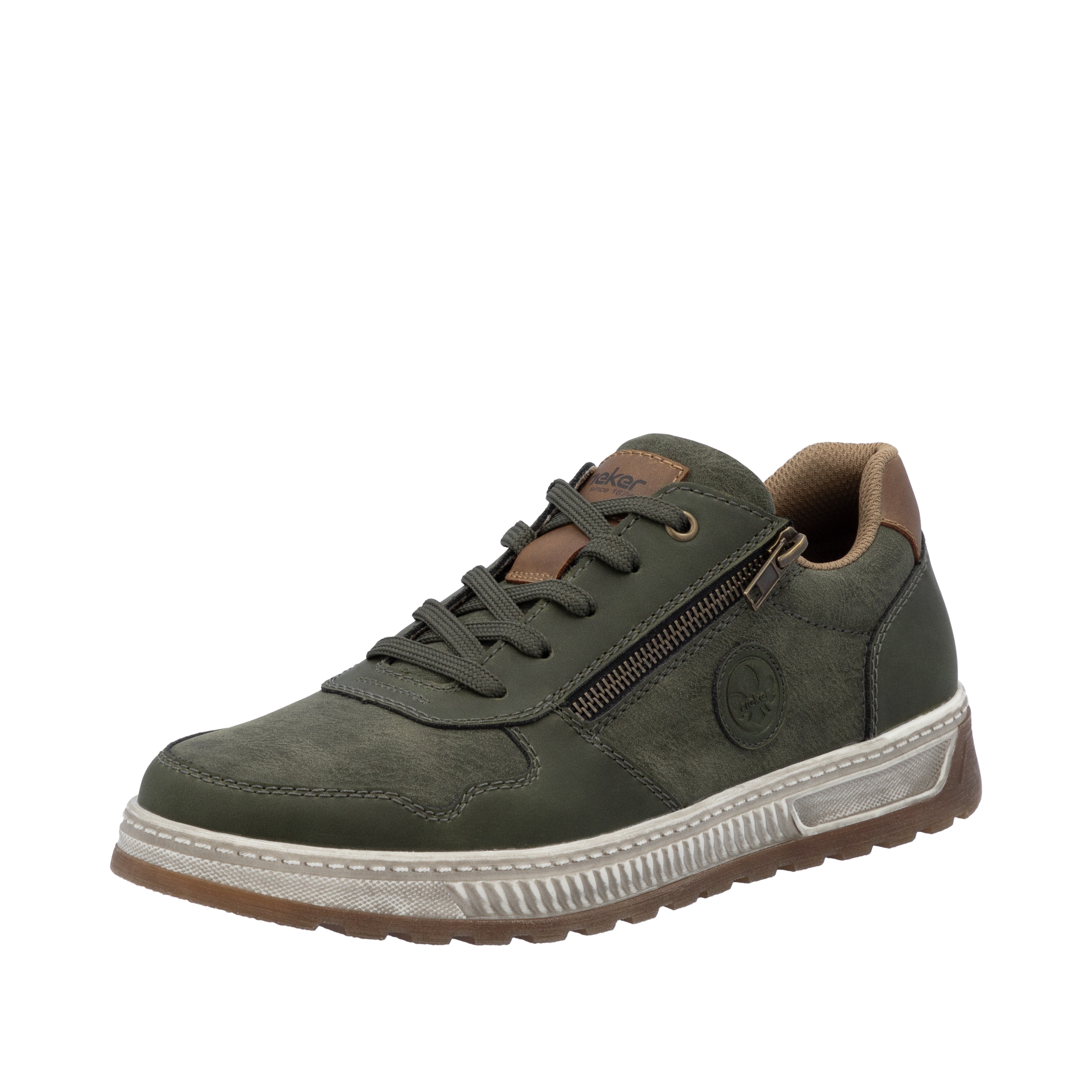 Sneaker RIEKER, Damen, Gr. 44, grün (khaki, braun), Lederimitat, unifarben mit Farbeinsatz, Schuhe Sneaker, Freizeitschuh, Halbschuh, Schnürschuh mit Kontrastbesatz