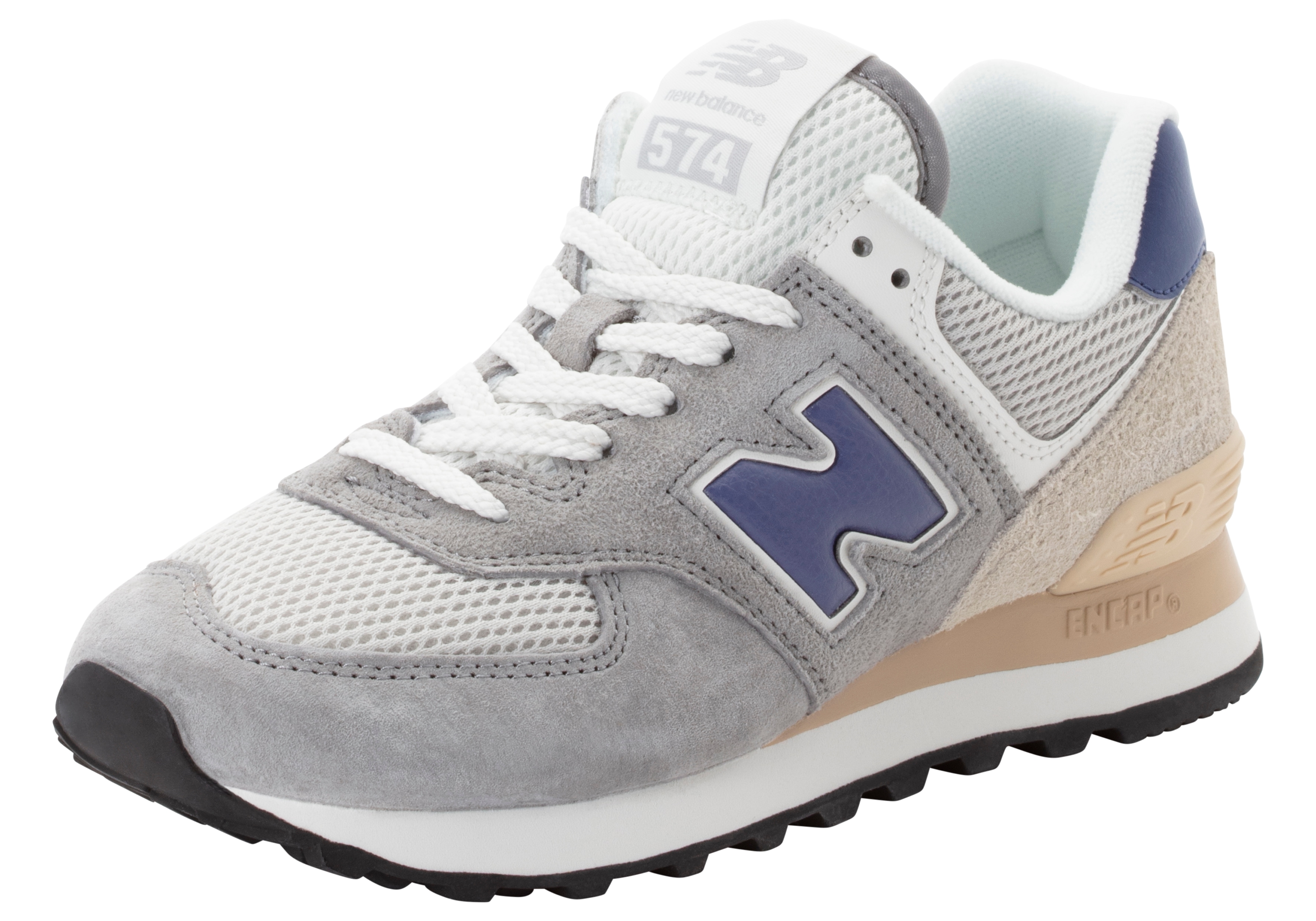 Sneaker NEW BALANCE "574", Damen, Gr. 39,5, grau (slate grau, rain cloud), Leder, Textil, mehrfarbig, Schuhe Sneaker