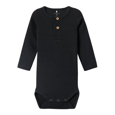 Langarmbody NAME IT "NBMKAB LS BODY NOOS", Baby, Gr. 86, N-Gr, schwarz, Jersey, Rippware, Obermaterial: 57% Baumwolle, 38% Modal, 5% Elasthan, unifarben, casual, regular fit, Rundhals, Langarm, Bodies Image
