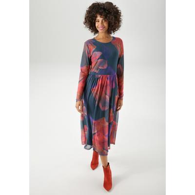 Midikleid ANISTON CASUAL, Damen, Gr. 40, N-Gr, petrol, rot, orange, lila, rosa, flieder, zimt, gelb, braun, Mesh, Obermaterial: 95% Polyester, 5% Elasthan. Futter: 100% Polyester, Batikmuster, geblümt, feminin, figurumspielend wadenlang, Rundhals,... Image