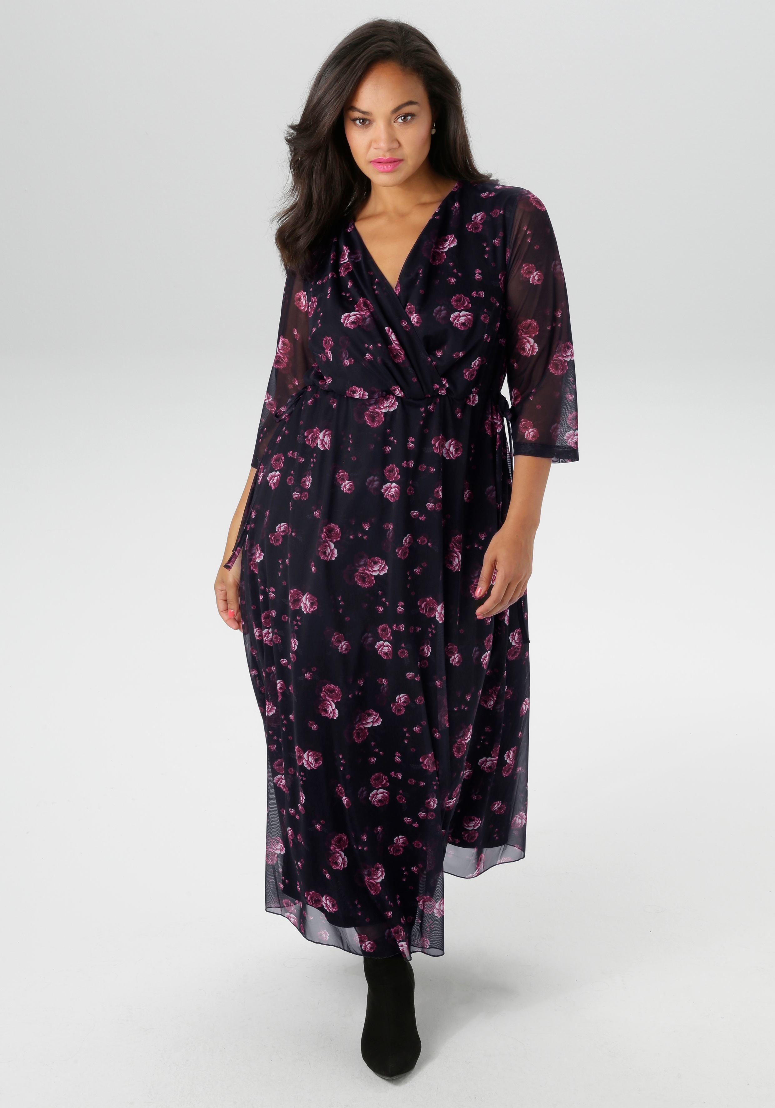 Midikleid ANISTON PLUS, Damen, Gr. 54, N-Gr, rot (schwarz, rose, bordeaux), Mesh, Obermaterial: 95% Polyester, 5% Elasthan. Futter: 100% Polyester, Mesh, gemustert, Feminin, figurumspielend knöchelfrei, Kleider, In Mesh Qualität - NEUE KOLLEKTION